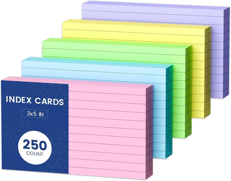 Aidunmis 3x5 Index Cards Colored Note Cards, 250 PCS Ruled Index Cards 3x5, Lined Index Flashcards 3 x 5, Color Flash Cards for Studying, Lined on Front, Blank on Back, 3 x 5 Recipe Card, Notecards for Office - Image 1